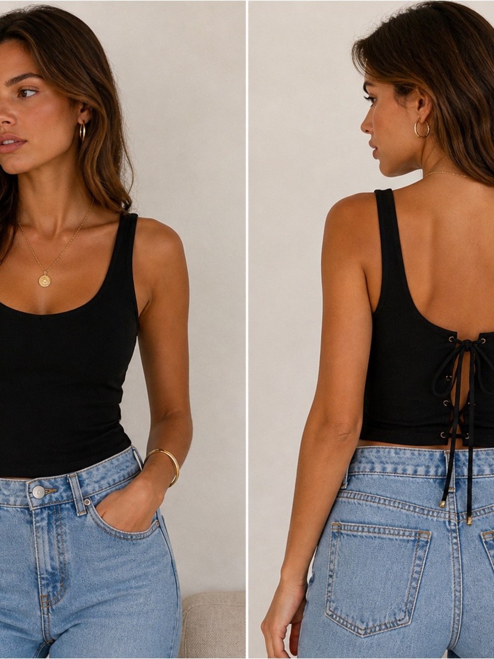 Nicole Miller Black Scoop Neck Lace-Up Back Tank